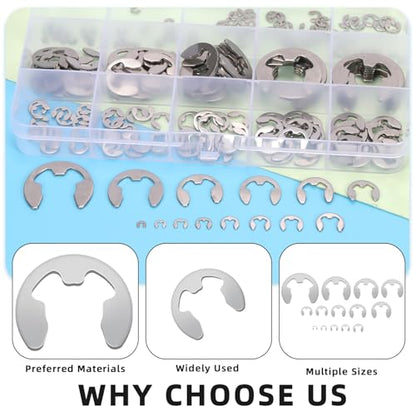 Glarks 211pcs 304 Stainless Steel E-Clips Retaining Rings Assortment Set 14 Sizes E-Ring Circlip Rings Heat Treated External Retaining Clips E-Clips Retainer Circlip Rings with Tweezers for Gears