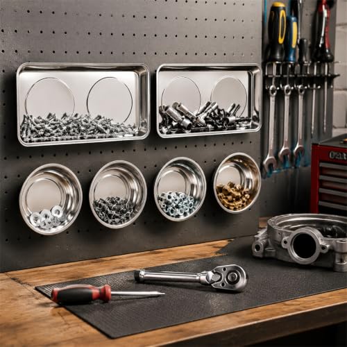Okllen 6 Pcs Magnetic Parts Tray Set, Stainless Steel Heavy Duty 9.5"W x 5.5''L Square and 4 1/4" Round Extra Strong Magnetic Tool Trays Holder for Socket Screw Nuts Bolts Metal Parts