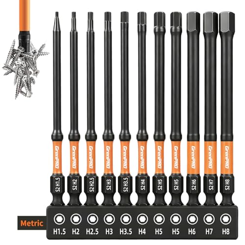 GRENPRO 11-Piece Allen Wrench Drill Bit Set, Metric, 4-Inch Impact Hex Bits | S2 Steel Bits with CNC-Machined Tips, Magnetic Fastener Retention, 1/4" Hex Shanks and a Storage Box for Organized Storage - size: 4" 11pcs(Metric)