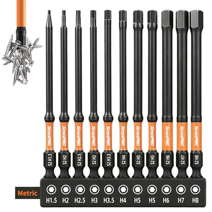 GRENPRO 11-Piece Allen Wrench Drill Bit Set, Metric, 4-Inch Impact Hex Bits | S2 Steel Bits with CNC-Machined Tips, Magnetic Fastener Retention, 1/4" Hex Shanks and a Storage Box for Organized Storage - size: 4" 11pcs(Metric)