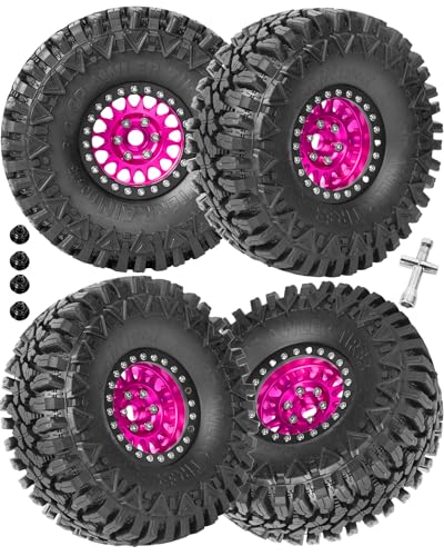 RC 1.9in Beadlock Wheels and Tires for 1/10 TRX4,Axia1 SCX10 II 90046 SCX10 III,D90 RC Crawler Car,Alloy 1.9in rc Beadlock Rims,Soft Rubber 1.9in rc Beadlock Tires,4pcs,Pink - color: Pink(4pcs)