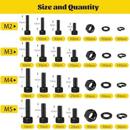1760PCS Metric Screw Assortment Kit,M2 M3 M4 M5 Screws Set, Hex Socket Head Cap Bolts Nuts and Washers Kit for 3D Printing DIY, Grade 12.9 Alloy Steel, Black Zinc Plated - size: M2M3M4M5 1760pcs