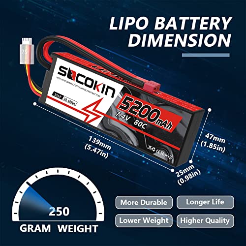 2S Lipo Battery 7.4V 5200mAh 80C Battery with Hard Case T-Plug for RC Evader BX Car Buggy Boat Drones 1/10 Scale Racing Truck Racing Heli Airplane