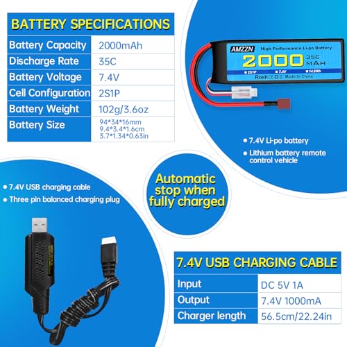 2S T Plug Lipo Battery 7.4V 2000mAh 35C with USB Charging Cable for RC Car,Truck Model Car,Remote Control Ship,RC Quadcopter Qircraft,FPV Drone Battery