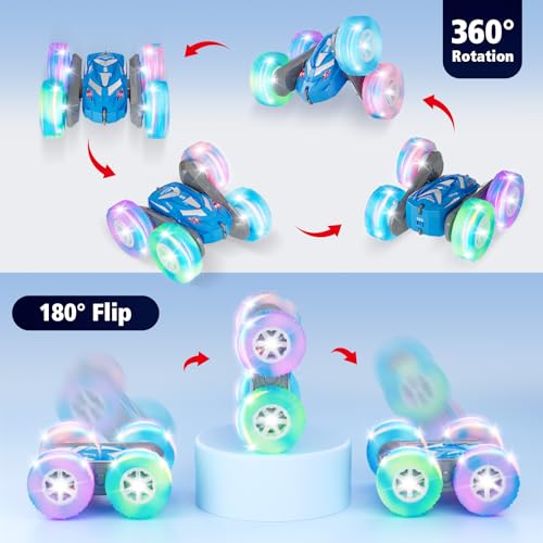 Amicool Remote Control Car for Boys 6-12 with Flashing Lights – 4WD Double-Sided 360° Flip Stunt RC Car | Birthday Indoor & Outdoor Play | Blue - color: Blue