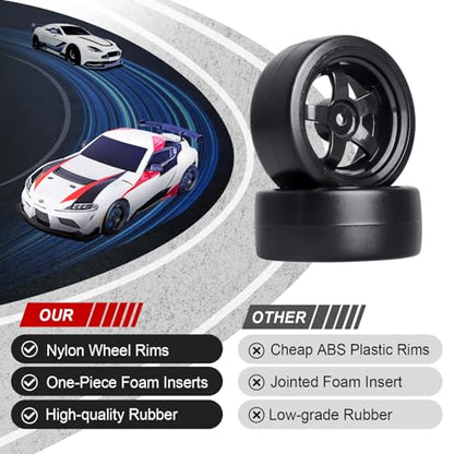 Hobbypark 12mm Hex 1/10 RC Drift Tires Hard Plastic and Wheels for Tamiya HPI Traxxas Kyosho Redcat HSP 1:10 Scale RC Drift Car Drifting (Set of 4)