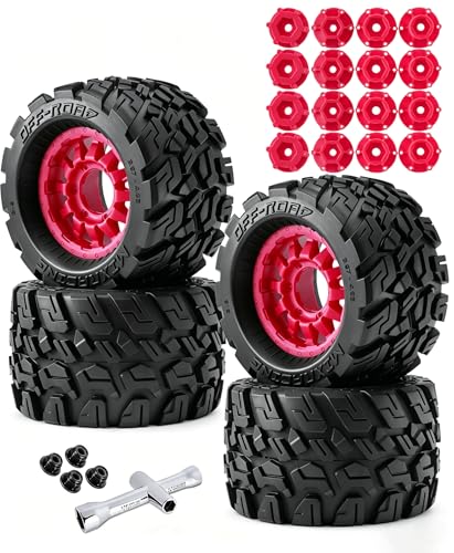RC Truck Tires Wheel 12mm/14mm Hex for 1/10 Big Rock Granite Vortek/Stampede Rustler Hoss/Axia1/L0s1/Redca t/Rc 4wd,4-Pack RC Wheels Tires,Red - color: Red for 1/10 Arrma