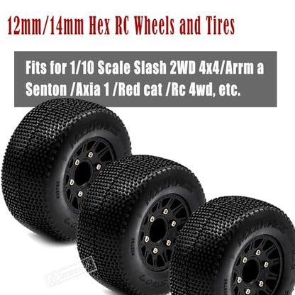 4pcs Rc Truck Tires,12mm/14mm Hex RC Wheels and Tires for 1/10 Slash 2WD 4×4 4wd,Arrm a Senton Axia1 Red cat Rc 4wd Hex Detachable Replacement Snow Tires Desert Tires,Black