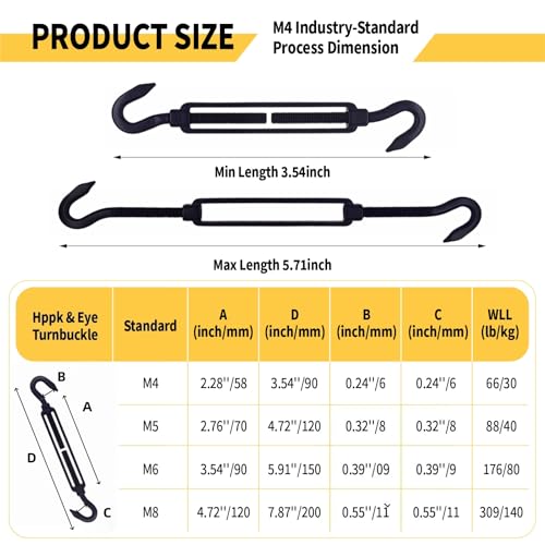 5 Pack Black 304 Stainless Steel M4 Hook and Hook Turnbuckle, Heavy Duty Wire Rope Tensioner, Adjustable Hardware Kit for DIY String Light Hanging, Shade Sail, Clothesline & Picture Hanging - color: Hook and Hook, size: M4-5 Pcs
