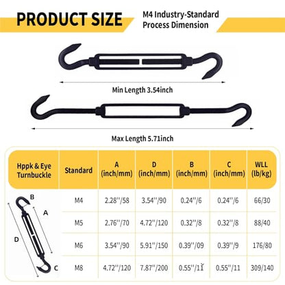 5 Pack Black 304 Stainless Steel M4 Hook and Hook Turnbuckle, Heavy Duty Wire Rope Tensioner, Adjustable Hardware Kit for DIY String Light Hanging, Shade Sail, Clothesline & Picture Hanging - color: Hook and Hook, size: M4-5 Pcs