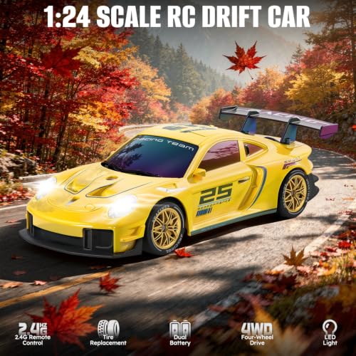 RC Drift Car, 1:24 4WD Remote Control Cars Vehicle with LED Light,2.4GHz 20KM/H High Speed RC Cars with Two Batteries & Drifting Tires Racing Sport Toy for Adults Boys Girls Kids Yellow - color: Yellow