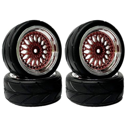4PCS 64mm RC On Road Rubber Tires and Plastic Plating Wheel Rims Set Replacement Part for 1/10 RC Run-flating Touring Racing Drift Car Tyre(Red Silver,Offset:3mm) - color: Red Silver, size: Offset:3mm