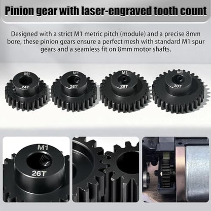 M1 8mm Steel Pinion Gear Set 24T 26T 28T 30T with Laser-Engraved Tooth Count for 1/5 X-Maxx Rc Model Car Buggy Truck Replacement Mod 1 Gear Compatible with Brushed & Brushless Motors 4 Pcs - size: M1-8-24T-26T-28T-30T