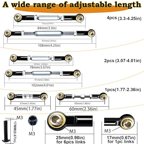 74-112mm Stainless Steel Turnbuckles Fit for 1/10 Traxxas Slash 4X4 2WD,Adjustable Camber Links with Spacers & Wrenchs for Rustler 2WD 4X4,Hoss 4X4,Stampede 4X4,Bandit 2WD Upgrades Parts,Black - color: Black