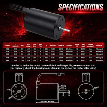 3650 3100KV Brushless Motor ESC Combo, Waterproof 60A Sensorless Brushless ESC for 1/10 RC Cars, 2S LiPo Brushless Motor Kit for Off-Road, Buggy, Monster Truck, Touring Car