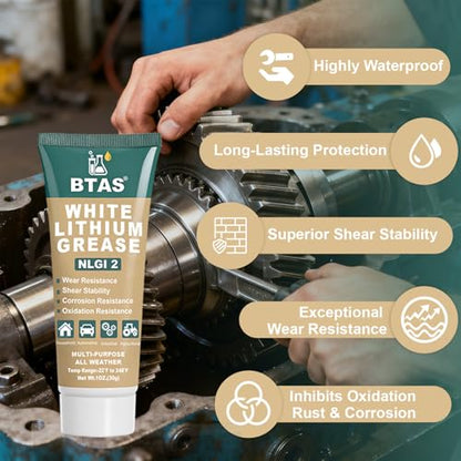 BTAS White Lithium Grease for Car Door,Bearings & Gears Lubricant Grease,Garage Door Tracks Hinges and Sliding Mechanisms, Highly Versatile for Automotive, Marine, Industrial and Home use NLGI 2 1 oz - size: 1 oz