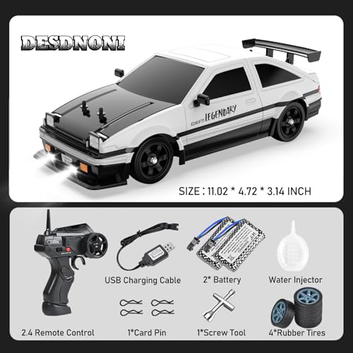 Remote Control Car RC Drift Car 1:16 Scale 4WD 18KM/H High Speed Model Vehicle 2.4GHz with LED Lights Spray Rubber Tire Racing Sport Toy for Adults Boys Girls Kids Gift 2Pcs Rechargeable Batteries - color: A-white