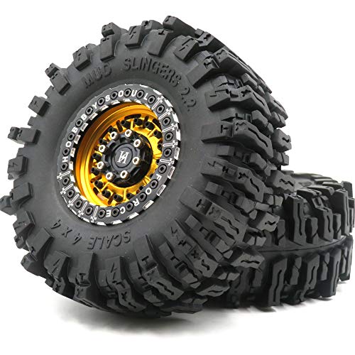 2PCS 2.2 Beadlock Wheels and Tires 124mm Tall Soft Sticky Mud Slingers tyre & Aluminium Rims for 1/10 RC Crawler Truck TRX4 SCX10 Capra Wraith Upgrades,HS700627-2