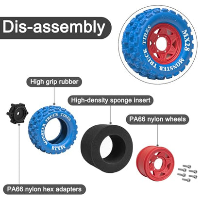 LRFHL MX28 F/R 2.8" RC Monster Truck Tires and Wheels 4PCS, Blue | 12mm/14mm Hex Adapter, 1/10 RC Monster Truck, Compatible with Traxxas Stampede Rustler Redcat Arrma Vorteks Big Rock Granite - color: Blue Tires+ Red Hex Wheel-4