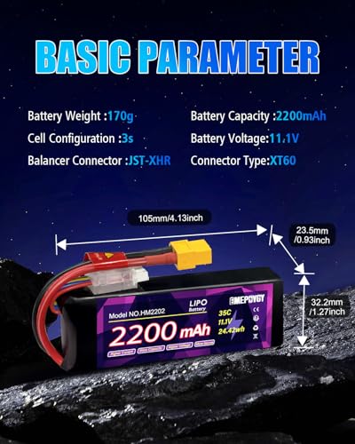 11.1V Lipo Battery Pack 3S 2200mAh 35C with XT60 Plug for FPV Drone Quadcopter RC Airplane Aircraft(2 Packs)