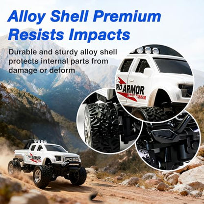 Mini RC Truck, 1/64 Scale Alloy Monster Truck Remote Control Car | 2.4GHz Control, LED Lights, 3-Speed Settings, Cruise Control,Adjustable Steering, Indoor Outdoor Toy for Kids Adults - color: White