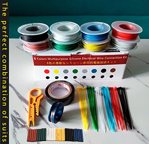 26AWG 8 Colors Silicone Electrical Wire Kit Hook Up Cable for Electronics DIY Working Solid Wire Spool and Lamps, Home Appliances, Batteries, Electronic, etc. Included Tools (8x33ft Solid) | DIY Working Solid Wire Spool and Lamps, Home Appliances, Batteri