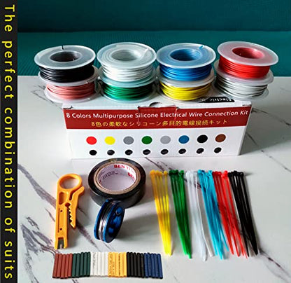 26AWG 8 Colors Silicone Electrical Wire Kit Hook Up Cable for Electronics DIY Working Solid Wire Spool and Lamps, Home Appliances, Batteries, Electronic, etc. Included Tools (8x33ft Solid) | DIY Working Solid Wire Spool and Lamps, Home Appliances, Batteri