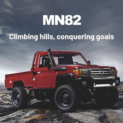RC Truck 1/12 RC Rock Crawler, MN-82 4x4 Off Road RC Pickup Truck, 2.4GHz Proportional Throttle Steering All Terrain Remote Control Car RTR with Headlights and 2 Batteries for Adults (Red) - color: Red