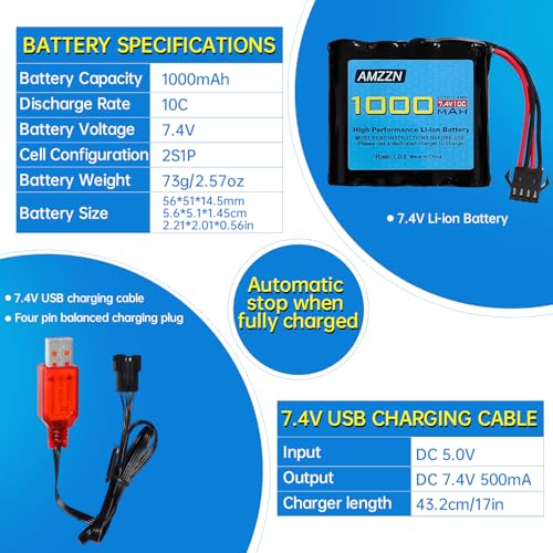 7.4V 1000mAh 2S Li-ion Battery with SM-4P Plug and USB Charging Cable for DE36W DE65 NO.1809 RC Toy Car, Off-Road Vehicle Climbing Drift Racing Battery
