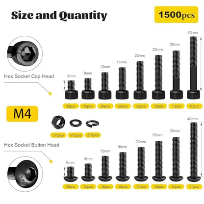 1500PCS M4 Screws with Nuts Assortment Kit, M4x6/8/12/16/20/25/30/40 mm Hex Socket Button & Cap Head Bolts Nut and Washers Set, 12.9 & 10.9 Grade Black Zinc Plated for DIY, 3D Printer - size: M4 1500pcs