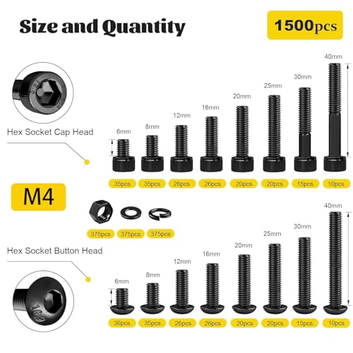 1500PCS M4 Screws with Nuts Assortment Kit, M4x6/8/12/16/20/25/30/40 mm Hex Socket Button & Cap Head Bolts Nut and Washers Set, 12.9 & 10.9 Grade Black Zinc Plated for DIY, 3D Printer - size: M4 1500pcs