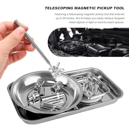 4PCS Magnetic Tray Set with Magnet Stick, Round Rectangular Tray Metal Parts Holder w/Telescoping Pickup Tool, Automotive Stainless Steel Thickened Trays for Screws, Nuts, Bolts
