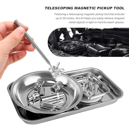 4PCS Magnetic Tray Set with Magnet Stick, Round Rectangular Tray Metal Parts Holder w/Telescoping Pickup Tool, Automotive Stainless Steel Thickened Trays for Screws, Nuts, Bolts
