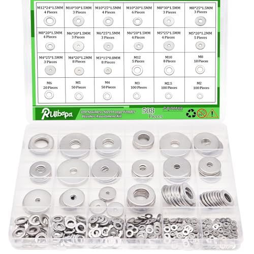 508PCS Fender Washers for Screws and Bolts,Fender Washer Assortment Kit 304 Stainless Steel 24 Different Sizes-M2 M2.5 M3 M4 M5 M6 M8 M10 M12 for Home and Industrial Usage - size: 508pcs