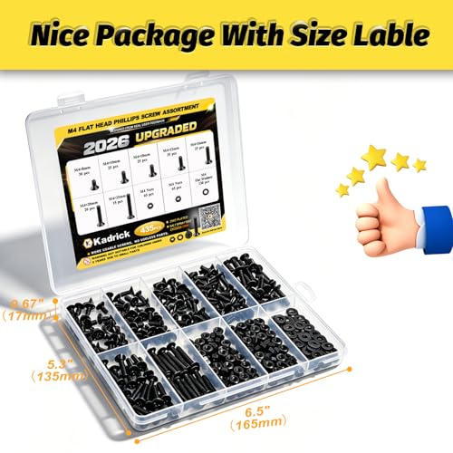 KADRICK 435Pcs M4 Countersunk Screw Kit,Flat Head Bolts 8MM-25MM | M4 Phillips Screws Assortment Kit,Screws With Nut Flat/Lock Washers,Black Zinc Plated - size: M4 435Pcs 8-25mm