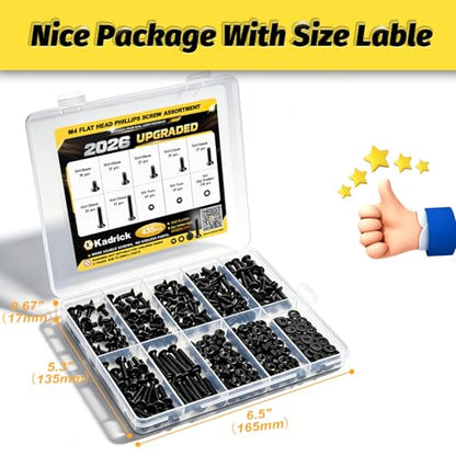 KADRICK 435Pcs M4 Countersunk Screw Kit,Flat Head Bolts 8MM-25MM | M4 Phillips Screws Assortment Kit,Screws With Nut Flat/Lock Washers,Black Zinc Plated - size: M4 435Pcs 8-25mm