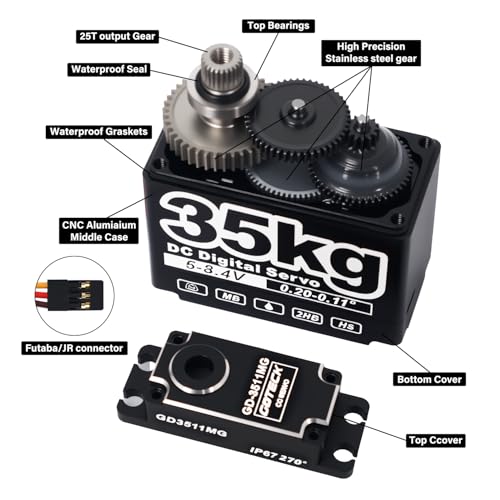 GOTECK 35KG Digital Servo,Large Torque 8.4V Full Metal Gear IP67 Waterproof Steering Servo with 25T Servo Horn for 1/8 1/10 1/12 RC Crawler Car,Robot,Boat,Truck Robot Parts (35KG(8.4V)-270°)