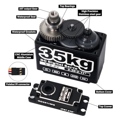 GOTECK 35KG Digital Servo,Large Torque 8.4V Full Metal Gear IP67 Waterproof Steering Servo with 25T Servo Horn for 1/8 1/10 1/12 RC Crawler Car,Robot,Boat,Truck Robot Parts (35KG(8.4V)-270°)