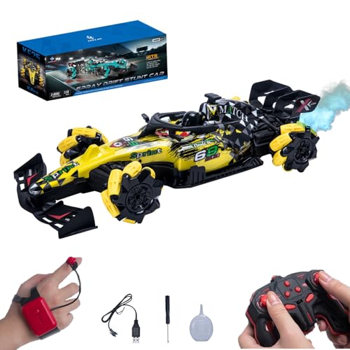 Remote Control Car, Gesture Sensing RC Stunt Car with Spray, 1:14 Scale 4WD 2.4GHz 360° Rotating Drift RC Cars (Yellow) - color: Yellow, size: 1 Battery