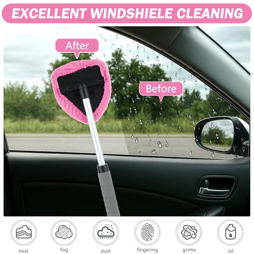 8 Pcs Car Window Cleaner Kit Triangle Shape Include Windshield Cleaning Tool with Extendable Handle 5 Microfiber Bonnets 1 Car Ventilation Brush 1 Empty 50ml Spray Bottle Glass Wiper Kits, Pink - color: Pink