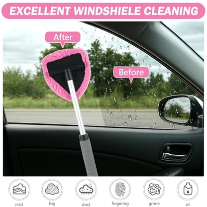 8 Pcs Car Window Cleaner Kit Triangle Shape Include Windshield Cleaning Tool with Extendable Handle 5 Microfiber Bonnets 1 Car Ventilation Brush 1 Empty 50ml Spray Bottle Glass Wiper Kits, Pink - color: Pink