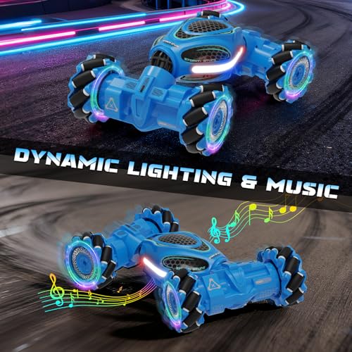 Gesture Sensing RC Stunt Car, Remote Control 2.4GHz 4WD Hand Controlled Car | Toys Gift for Boys and Girls Ages 6-12, 360° Rotating RC Cars with Lights and Music, Ideal Birthday and Xmas Gift - color: Blue