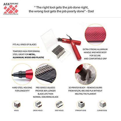 AFA Tooling Deburring Tool Set & 2 Countersink Hand Reamers, Red CNC Handle | 11 HSS blades with 360-degree rotation & 2 Countersink Hand Reamers make chamfers for 3D printing, metal, PVC, copper - style: 2 Reamers & Deburring Tool