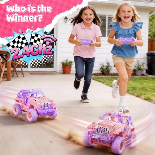 Remote Control Car for Girls with Spray and Sound, 2.4GHz Sparkling Pink RC | RC Cars for Kids with Dual Color Light & Doll, DIY Stickers, Windmill, Toy Cars Christmas Birthday Gift for Girls Age 6-12