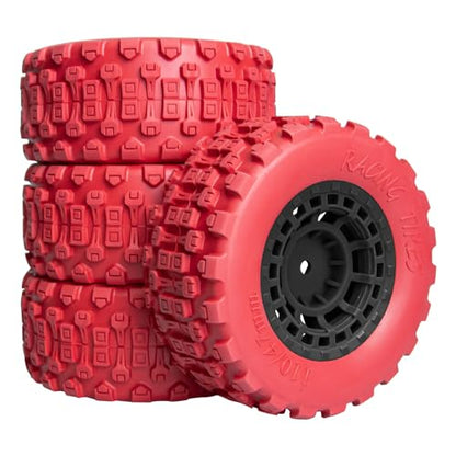 Pre-Glued 12mm Hex RC Wheels and Tires for 1/10 RC Short Course Truck, 4PCS | Compatible with 1/10 Arrma Senton Traxxas Slash Axial Losi Axial Redcat - color: Red Tires+ Black Wheels