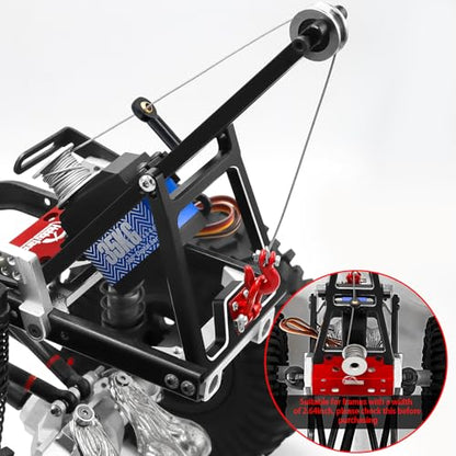 Aluminum RC Winch Double Stent Rescue Set Truck Tow Crane Arm Wrecker Kit with 360° 35KG Servo for 1/10 SCX10 TRX4 RC Crawler and Trailer RC Upgrade Parts (Black & Red) - color: Black & Red
