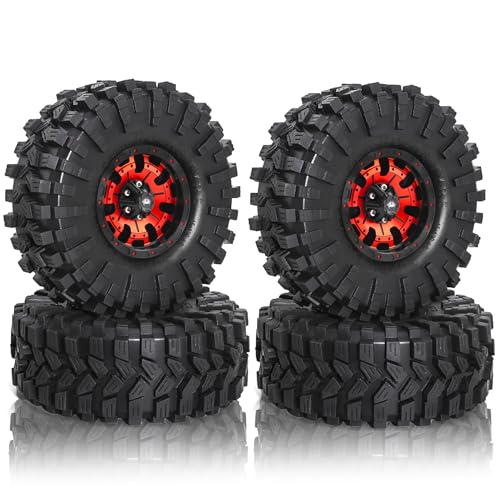 REDSPIDER Aluminum 1.9 Beadlock Wheels and Tires Set（4PCS）1.9 Wheels All Terrain Tires OD 4.72''.for 1/10 Scale Rock Crawler Car Axial SCX10 SCX10 II III 90047 D90 TF2 Tamiya CC01 TRX4 TRX6 (Red) - color: Red