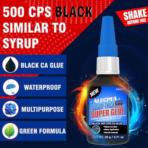 20g Black CA Glue, Medium 500CPS Cyanoacrylate Super Glue | Medium-viscosity cyanoacrylate fills 0.008-inch gaps; bonds wood, metal, leather, ceramic, plastic, rubber; sets in 40-60s