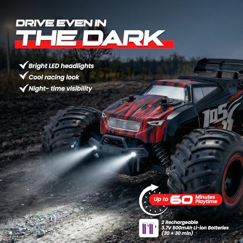 Remote Control Car, 2.4GHz high Speed 20km/H, 1:16 Scale 4 * 4 Off-Road RC Truck, High Speed All-Terrain Racing Vehicle with 2*Rechargeable Batteries, LED Lights, Gifts for Kids & Adults