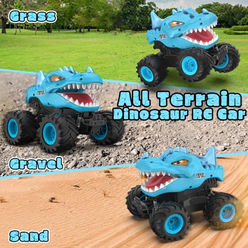 Dinosaur Remote Control Car, 2.4GHz Monster Truck Toys Rechargeable RC Cars 1:24 Scale RC Truck with LED Light Movable Mouth, Dinosaur Cars Toys for Kids Boys 6-8 8-12 Birthday Gift, Blue - color: Blue
